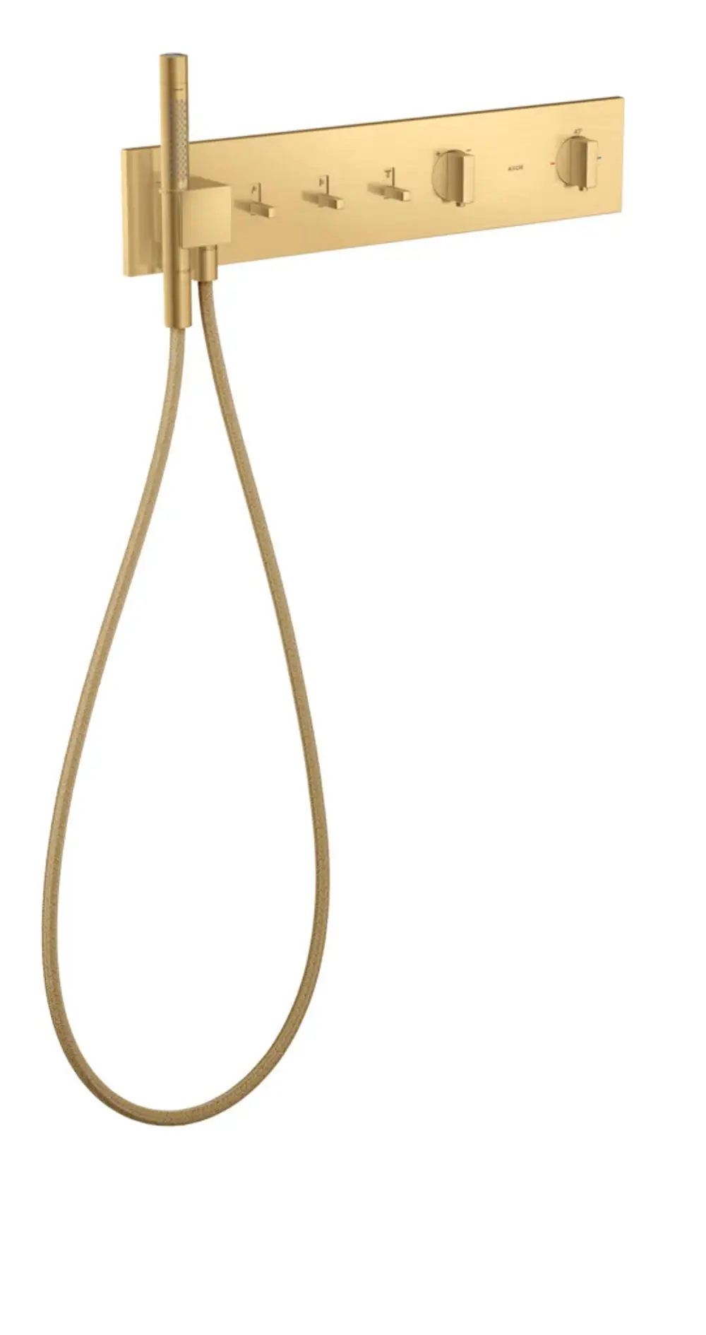 Thermostatmodul für eine Dusche, montiert in Brushed Gold Optik, mit mehreren Bedienelementen für AXOR ShowerComposition. Verbindet drei Verbraucher.